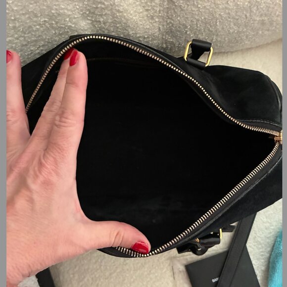 Saint Laurent Duffle 6 – Black Suede w/Leather Front Pocket & Trim - Picture 4 of 16